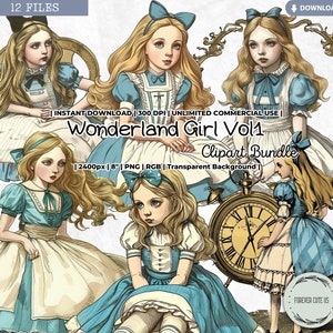 Clipart de menina do país das maravilhas, inspirado na aventura de Alice, Alice, cogumelo, festa do chá, PNG para impressão digital cartão de arte scrapbook diário de lixo