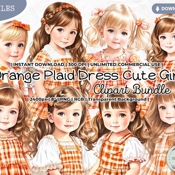 Orange Plaid Dress Little Girl Clipart Bundle, Pumpkin Patch, Gingham, Easter Egg Hunt, Thanksgiving, Fall, Halloween, PNG Junk Journal
