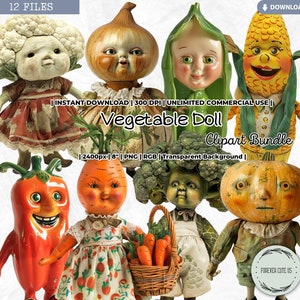 Clipart de poupée de légumes, rétro, vintage, cuisine, nourriture, végétarien, oignon, maïs, poupée de papier, mode, PNG, scrapbooking, éphémères de journal indésirable