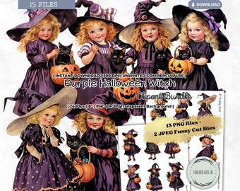 Purple Halloween Witch Clipart Bundle, Black Cat, Trick or Treat, Retro, Pumpkin, Victorian, Printable, PNG, Scrapbook, Fussy Cut, Journal