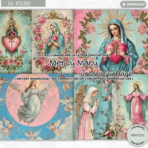 Mercy Mary Junk Journal collageblad, gezegende moeder Maria Jezus, katholiek, genade, gebed, dankbaarheid, religieus, shabby chic afdrukbaar papier