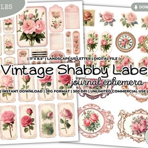 Diario basura vintage con etiquetas desgastadas, efímera, victoriano, rosa, etiquetas y sellos, corte quisquilloso, kit, planificador, pegatinas, imprimible, digital