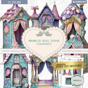 Mermaid Doll House Clipart, Paper Doll House, Dollhouse, Under the Sea Dollhouse, Printable Junk Journal Fussy Cut Ephemera, Digital PNG