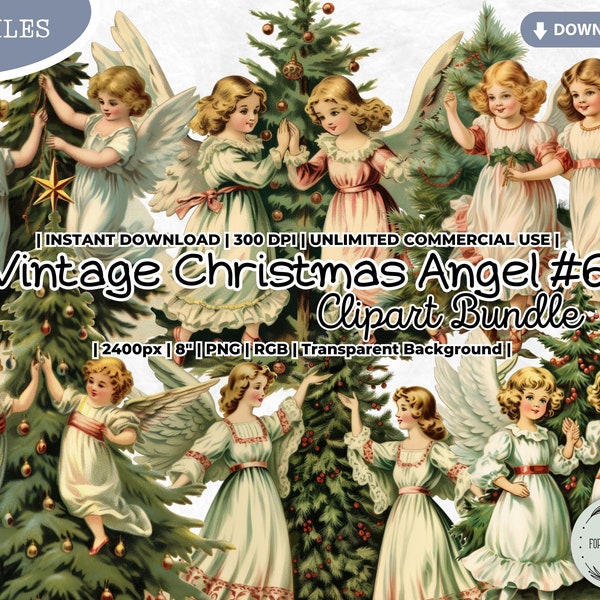 Vintage Christmas Angel Clipart Bundle, Dancing, Girls, Tree, Victorian Dress, Holidays, Winter, PNG, Scrapbook, Junk Journal Paper Crafts