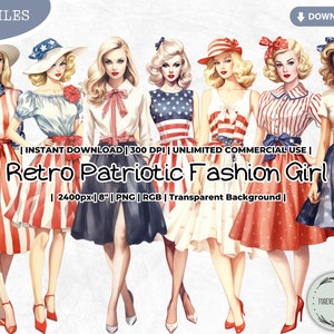 Retro patriottische mode meisje clipartbundel, Fourth Of July, Independence Day, planner, vintage, paper doll plakboek junk dagboek papier, png PNGEgg