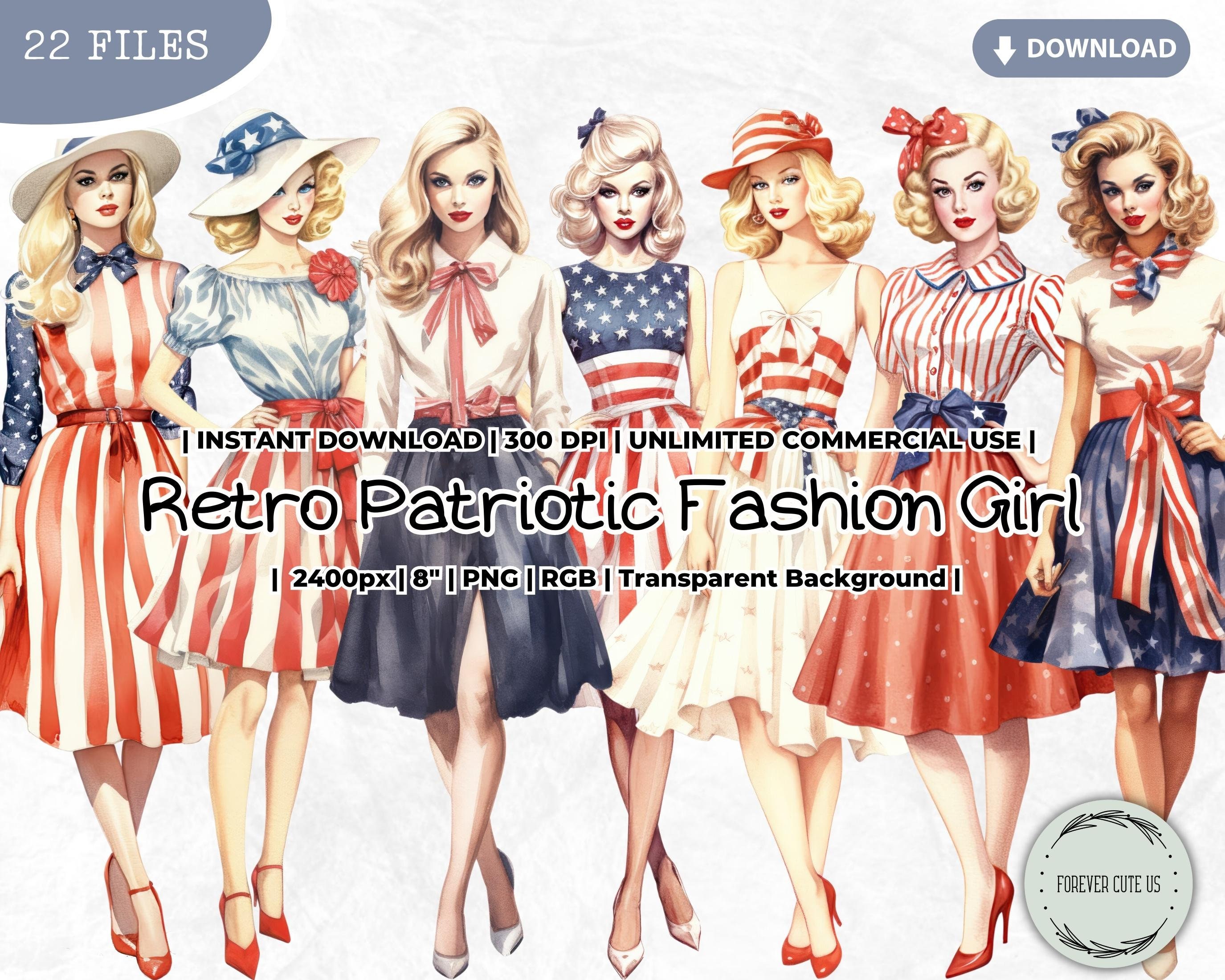 Retro Patriotic Fashion Girl Clipart Bundle, Fourth Of July, Independence Day, Planner, Vintage, Paper Doll Scrapbook Junk Journal Paper PNG