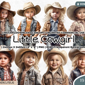 Paquete de imágenes prediseñadas de vaquera pequeña, imágenes prediseñadas de niña vaquera, imágenes prediseñadas de vaquera en acuarela, vaquera occidental en formato PNG, imágenes prediseñadas de vaquera, sublimación de vaquera
