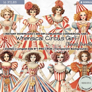 Whimsical Circus Girl Clipart Bundle, Paper Doll, Porcelain Doll, Fashion, Antique, Digital, PNG, Scrapbook Junk Journal Paper Crafts