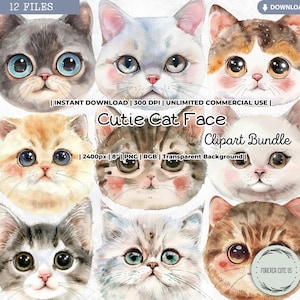 Cutie Cat Face Clipart, Kitten, Kitty, Kawaii, Aquarel, Huisdier, Portret, Hoofd, Bontbaby, PNG, Afdrukbare Scrapbooking, Efemere ongewenste tijdschriften