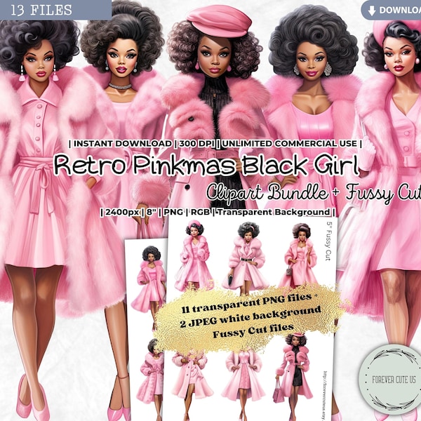 Retro Pinkmas Black Girl Clipart Set, Pink Christmas, Afro American, African, Dress, Fashion, Planner, Vintage, Paper Doll, PNG, Fussy Cut