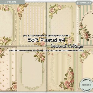 Feuille de collage de journal indésirable pastel doux, papiers de journal shabby chic, romantique, vintage, rétro, beige, vert sauge, fleurs, roses, imprimable