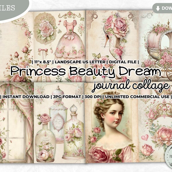 Princess Beauty Dream Junk Journal Collage Sheets Bundle, Printable Shabby Chic Digital Paper, Victorian, Perfume, Vintage, Antique, Pink
