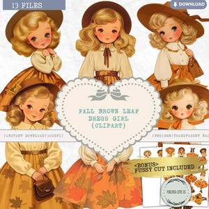 Fall Brown Leaf Dress Girl Clipart, Retro, Vintage, Cottagecore, Fashion Girl, Autumn, Thanksgiving, PNG Scrapbook Junk Journal Fussy Cuts