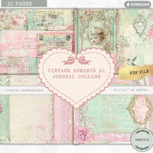 Vintage Romance Junk Journal Collage Sheet, Shabby Chic Pink Roses Lace, Angel, Pastel Ephemera Background, PDF Printable Junk Journal Page