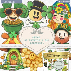 Retro St patrick's Day Clipart, Topf voller Gold, Discokugel, Kleeblatt, Klee, Irisches Bier, Regenbogen, Kaffee, Groovy 1970er Jahre, Pilz, Vintage, PNG