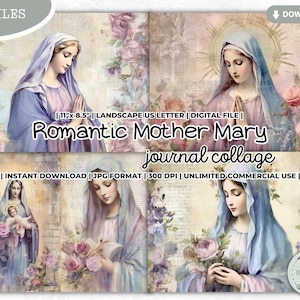 Romantic Mother Mary Junk Journal Collage Sheet, Catholic, Grace, Prayer, Gratitude, Religious, Virgin, Shabby, Printable, FOREVERCUTEUS