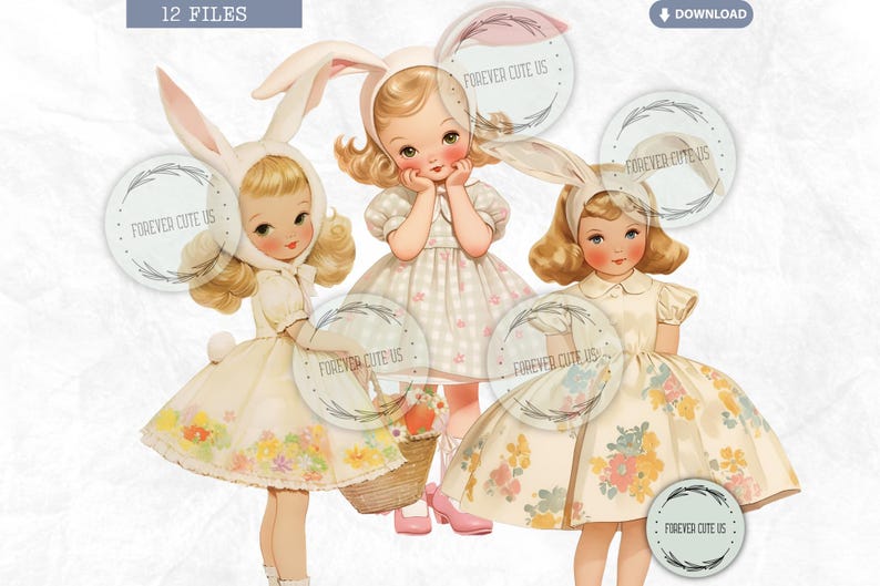 Retro Easter Dress Girl Clipart, Bunny Ear, Vintage, Egg Hunt