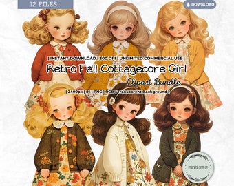 Retro Fall Cottagecore Girl Clipart, Autumn PNG (Digital Download)