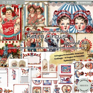 Retro Circus Junk Journal Kit, Tag, Label, Ephemera, Collage Sheet, Envelope, Paper, Fun Fair, Vintage, Carousel Horse, Elephant, Animal