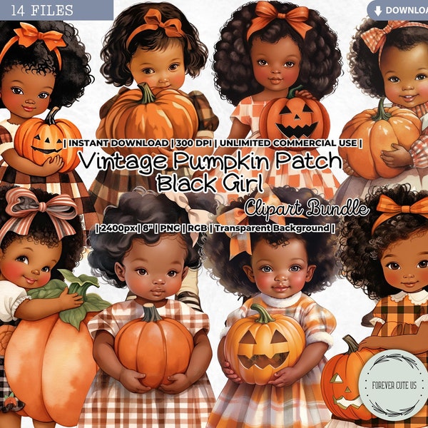 Vintage Pumpkin Patch Black Girl Clipart Set, African, Afro American, Little Girl, Plaid Dress, Thanksgiving, Fall, Autumn, Halloween, PNG