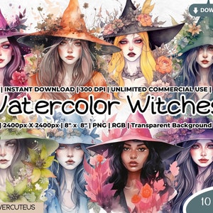 Watercolor Witches Clipart, Pastel Witches, Pastel Florals with Witches, Magic Clip Art, Witches Png, Witchcraft Png Clipart, Halloween