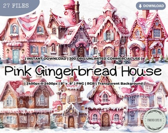 Pink Gingerbread House Clipart, Pink Christmas, Pink Winter, Pink Holidays, PNG Digital Downloads for Card Scrapbook Junk Journal Crafts