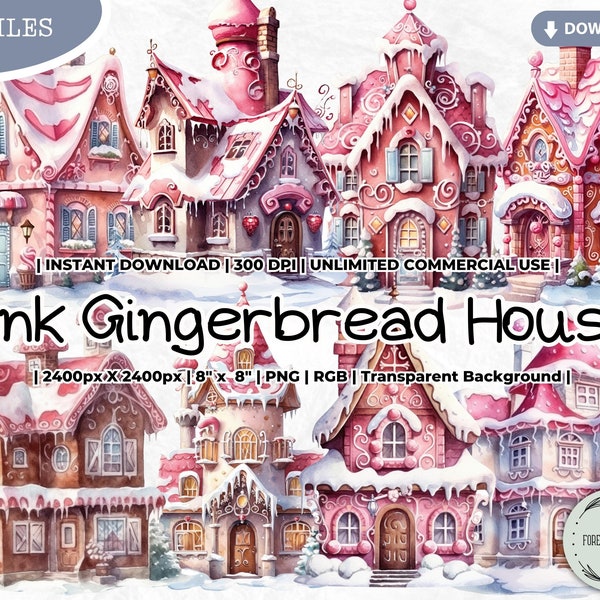 Pink Gingerbread House Clipart, Pink Christmas, Pink Winter, Pink Holidays, PNG Digital Downloads for Card Scrapbook Junk Journal Crafts