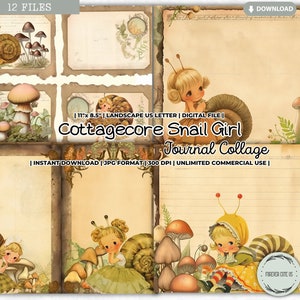 Feuille de collage pour journal intime Cottagecore Snail Girl, champignon, jardin, rétro, forêt, vintage, jardin, fée, papiers journal imprimables