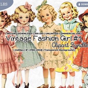 Vintage Fashion Girl Clipart Bundle, Retro, Dress, Dolly, Pastel, Planner, PNG, Paper Doll, Scrapbooking, Junk Journal Craft, ForeverCuteUS