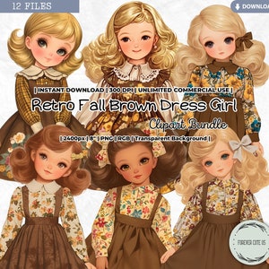 Retro Fall Brown Dress Girl Clipart, Vintage, Cottagecore, Fashion Girl, Autumn, Thanksgiving, Floral Blouse, PNG Scrapbook Junk Journal
