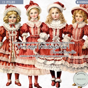 Vintage Holidays Girl Clipart Bundle, Paper Doll, Winter, Christmas, Victorian Era, Nostalgic, Dress Up, Fashion, Planner, PNG, Digital