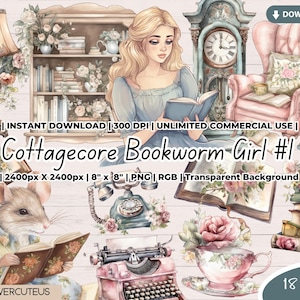 Cottagecore Bookworm Girl Clipart, Bookworm Reading Watercolor Clipart, Library Clipart, Book Png, Clipart Bookshelf, Watercolor Books Png