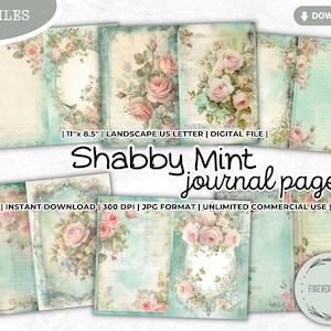 Shabby Mint Journal Papers, Junk Journal, Shabby Chic, Girly, Romantic, Vintage, Florals, Roses, Pastel, Printable, Digital Download