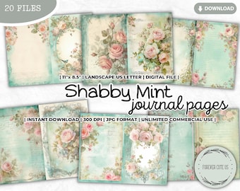 Shabby Mint Journal Papers, Junk Journal, Shabby Chic, Girly, Romantic, Vintage, Florals, Roses, Pastel, Printable, Digital Download