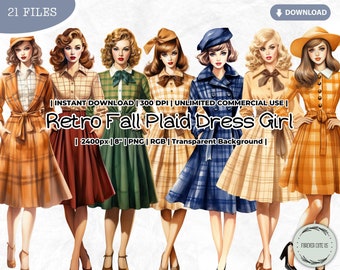 Retro Fall Plaid Dress Girl Clipart Bundle, Autumn, Preppy, Fashion, Planner, Vintage, Paper Doll PNG, Scrapbook Junk Journal Paper Crafts