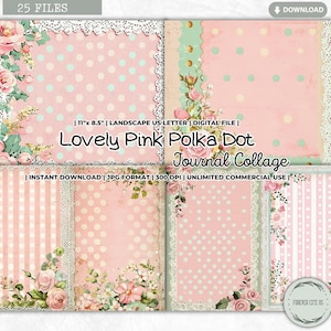 Preciosa hoja de collage de diario basura con lunares rosas, estilo shabby chic, pastel suave, lunares, femenino, soñador, romántico, vintage, flores, papel imprimible