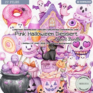 Roze Halloween-dessert clipart, pastel, zoete traktatie, spook, koekjes, cake, snoep, schattig, spookachtig, bakkerij, Trick or Treat, theetijd, feest, png