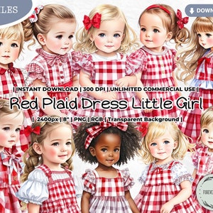 Frühling rotes kariertes Kleid kleines Mädchen Clipart, Shabby, Mode, Baby, Säugling, Kleinkind, Ostern, Vaterländisch, 4. Juli, Valentinstag, PNG