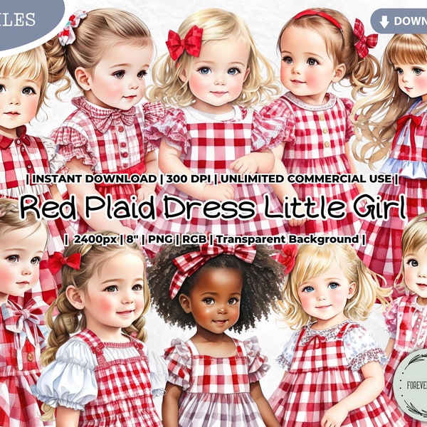 Spring Red Plaid Dress Little Girl Clipart, Shabby, Fashion, Baby, Infant, Toddler, Easter, Patriotic, 4th of July, Valentine's Day, PNG