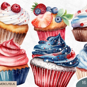 Patriotic Cupcake Clipart Bundle, Watercolor Cupcake, Cupcake Clipart ...