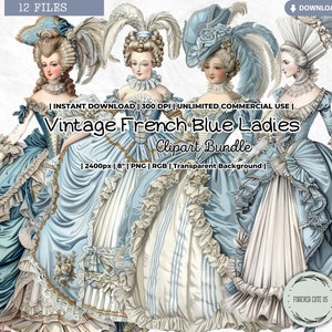 Vintage French Blue Ladies Clipart, Wiktoriański, Dziewczyna, Wiktoriański, Antyczny, Lalka papierowa, Rokoko, Maria Antonina, Do druku, PNG, Scrapbooking