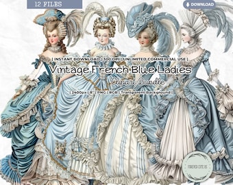 Vintage French Blue Ladies Clipart, Victorian, Girl, Victorian, Antique, Paper Doll, Rococo, Marie Antoinette, Printable, PNG, Scrapbooking