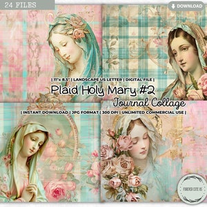 Karierte Heilige Mary Journal Collage Sheet, Pastell Rosa Blau, Mutter Maria Jungfrau Maria Junk Journal katholische Gebet Dankbarkeit religiös, printable