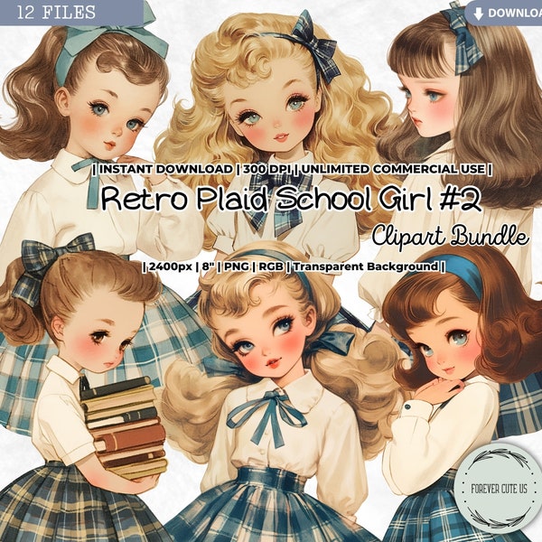 Retro Plaid School Girl Clipart, Blue Plaid Dress, Student, Preppy, Uniform, High School, Paper Doll, PNG, Scrapbook Junk Journal Craft
