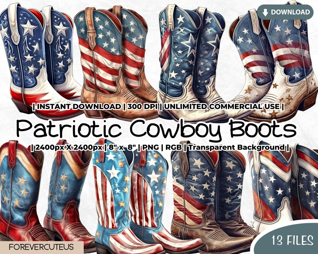 Patriotic Cowboy Boots Clipart, Western PNG, 4th of July (digital ...