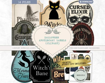 Halloween Apothecary Labels Clipart, Halloween Potion Bottle Label, Witchcraft, Apothecary Png, Halloween Spell Jar Labels, Witch Brew Label