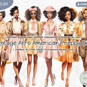 Bundle de cliparts fille preppy afro-américaine rétro, Illustration de mode, agenda, africain, vintage, Paper Doll, PNG pour Scrapbook Junk Journal