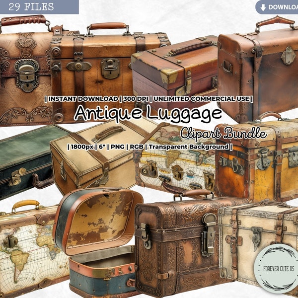 Antique Luggage Clipart Bundle, Vintage, Watercolor, Suitcase, Travel Case, Genuine Leather, Wood, Printable, PNG Scrapbook Junk Journal