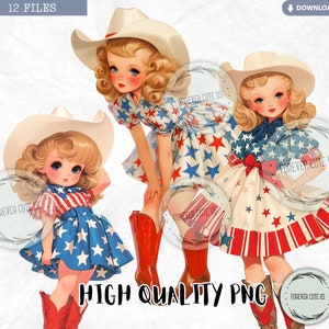 May include: Three girls wearing red, white, and blue star-spangled dresses and cowboy hats. The girls are standing on a white background.