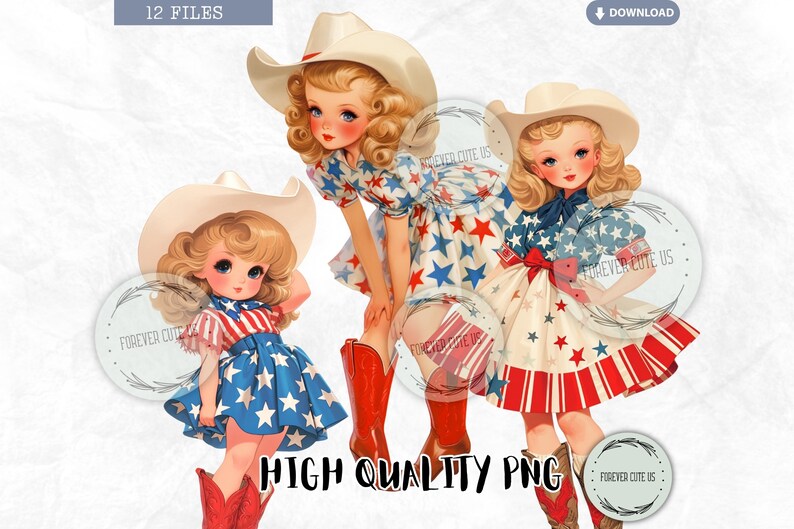 May include: Three girls wearing red, white, and blue star-spangled dresses and cowboy hats. The girls are standing on a white background.